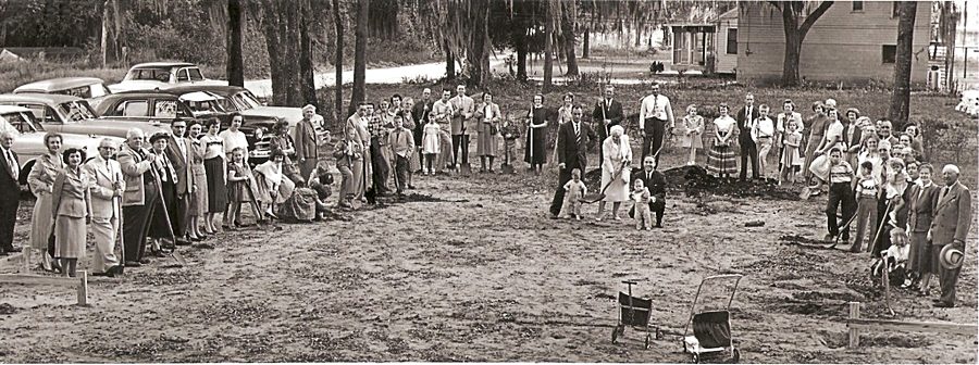 The congregation gathered with shovels at the 1954 groundbreaking for the present sanctuary