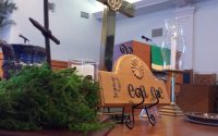 Picture of Peace sign on altar table with communion set